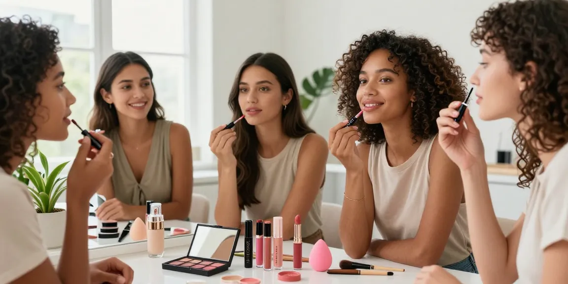 Women applying wholesale make up in a modern bathroom, showcasing natural beauty.