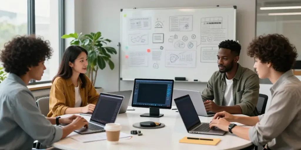Team collaborating on AI content creation for entrepreneurs in a modern office.