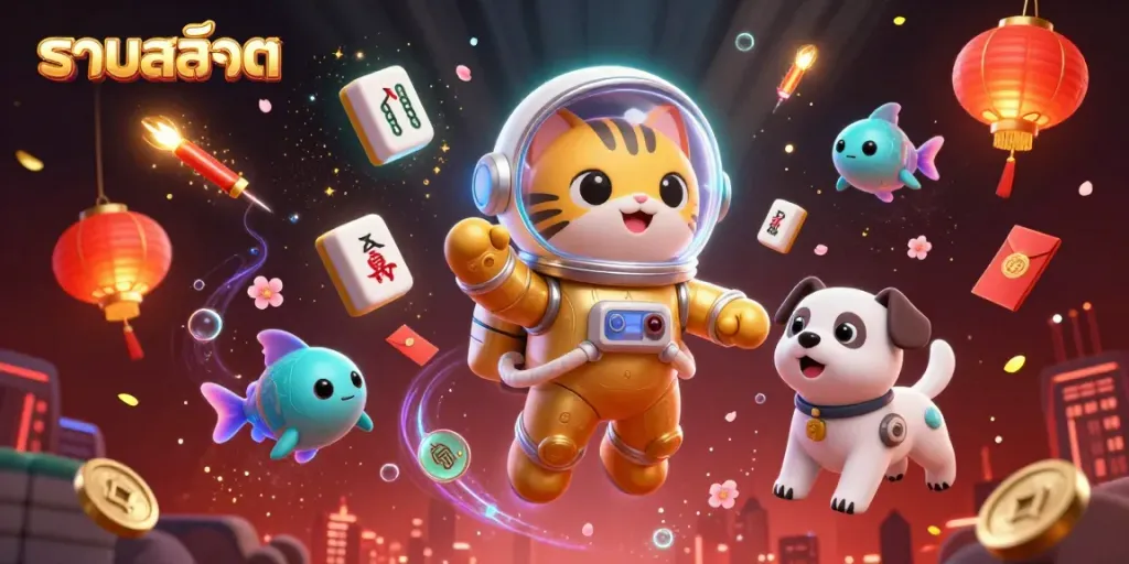 Experience the vibrant world of รวมสล็อต with a dynamic scene featuring a space astronaut cat and a robot dog in a casino-themed atmosphere.