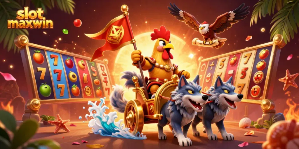 Experience thrilling gameplay in slot maxwin with dynamic slot reels and vibrant symbols in an animated battle scene.