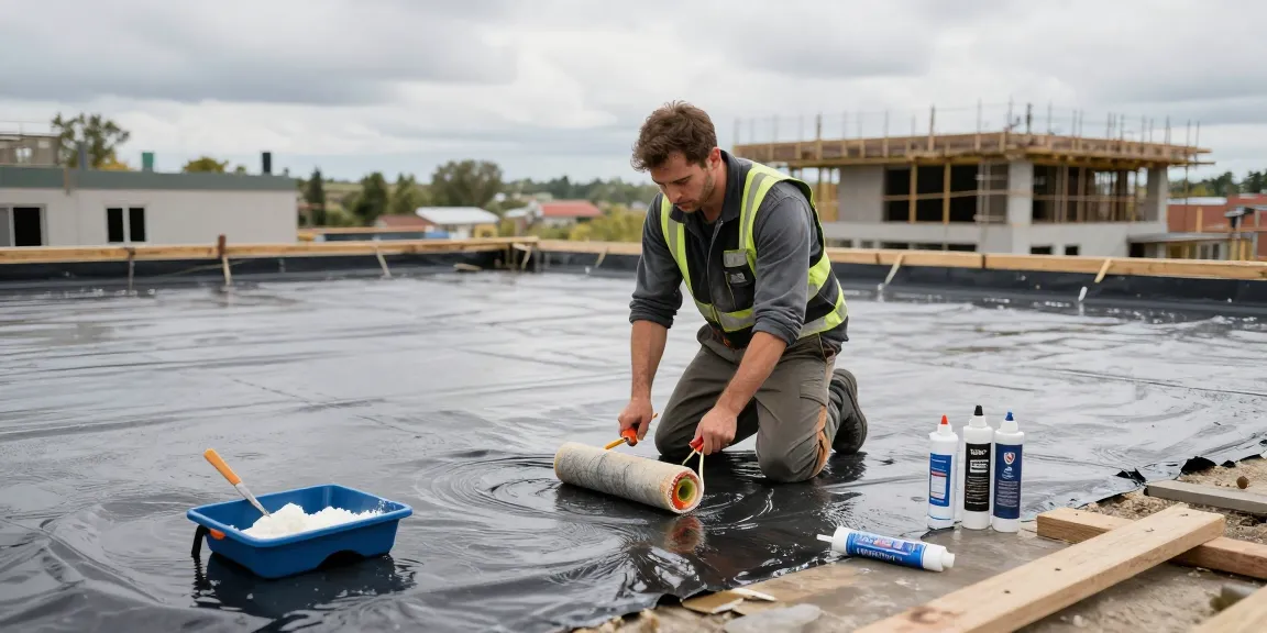 Professional application of waterproofing treatment on rooftop emphasizing quality and safety.