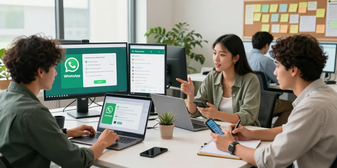 Team collaboration in modern workspace showcasing WhatsApp下載 features on devices.