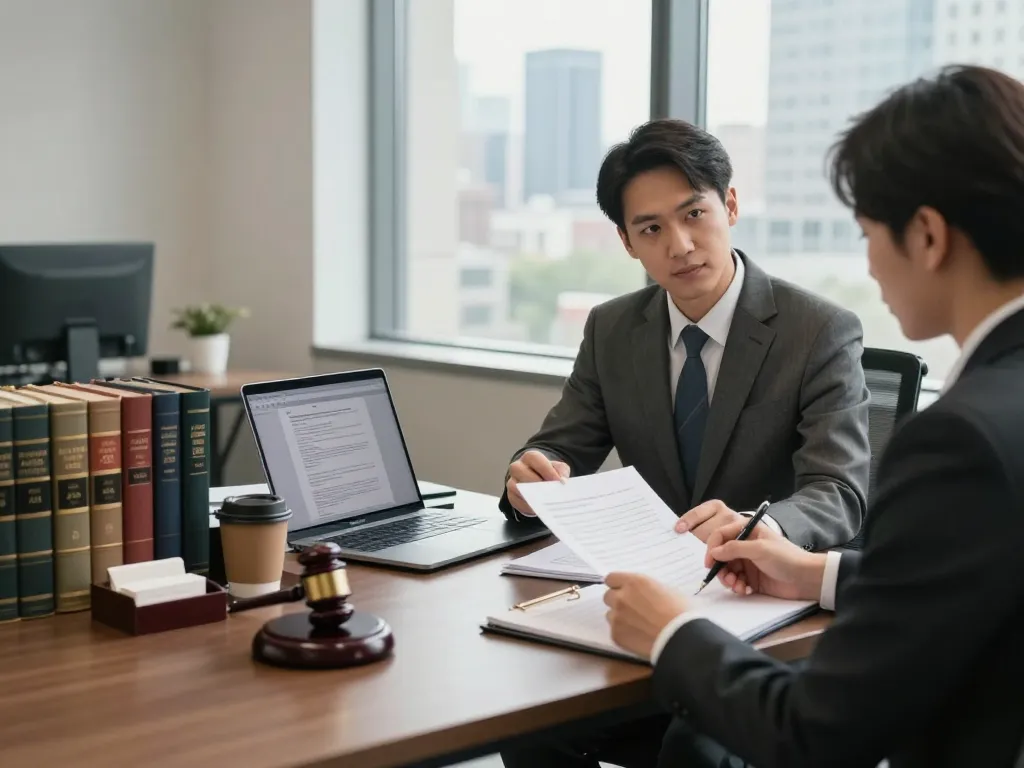 Client receiving advice from American legal counsel in a modern office.