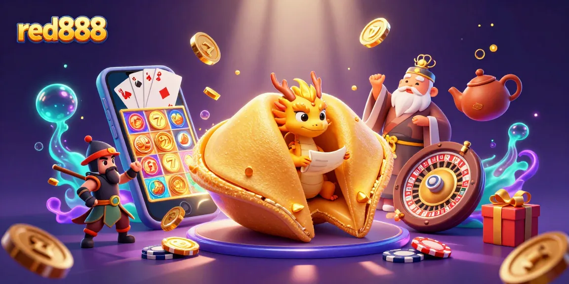 red888 showcases a vibrant 3D casino scene featuring a giant fortune cookie and gaming elements.