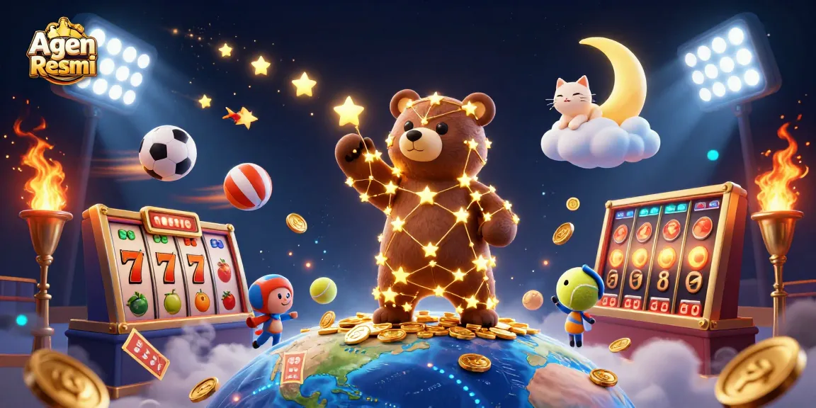 Agen Resmi showcases engaging 3D cartoon elements of a constellation bear, surrounded by dynamic casino symbols and vibrant colors.