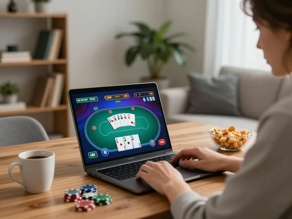Engaging in online poker gameplay on laptop at home showcasing da88vip interface and strategic decisions