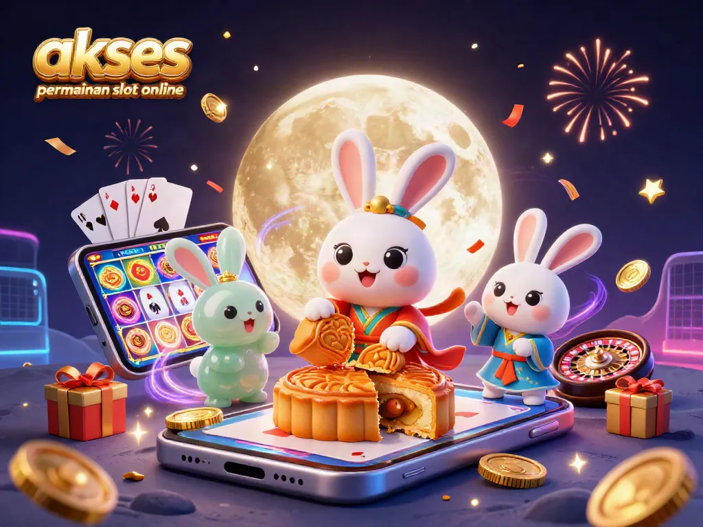 Menangkan akses permainan slot online dengan karakter kelinci bulan yang menggiling kue bulan, dikelilingi elemen permainan kasino.