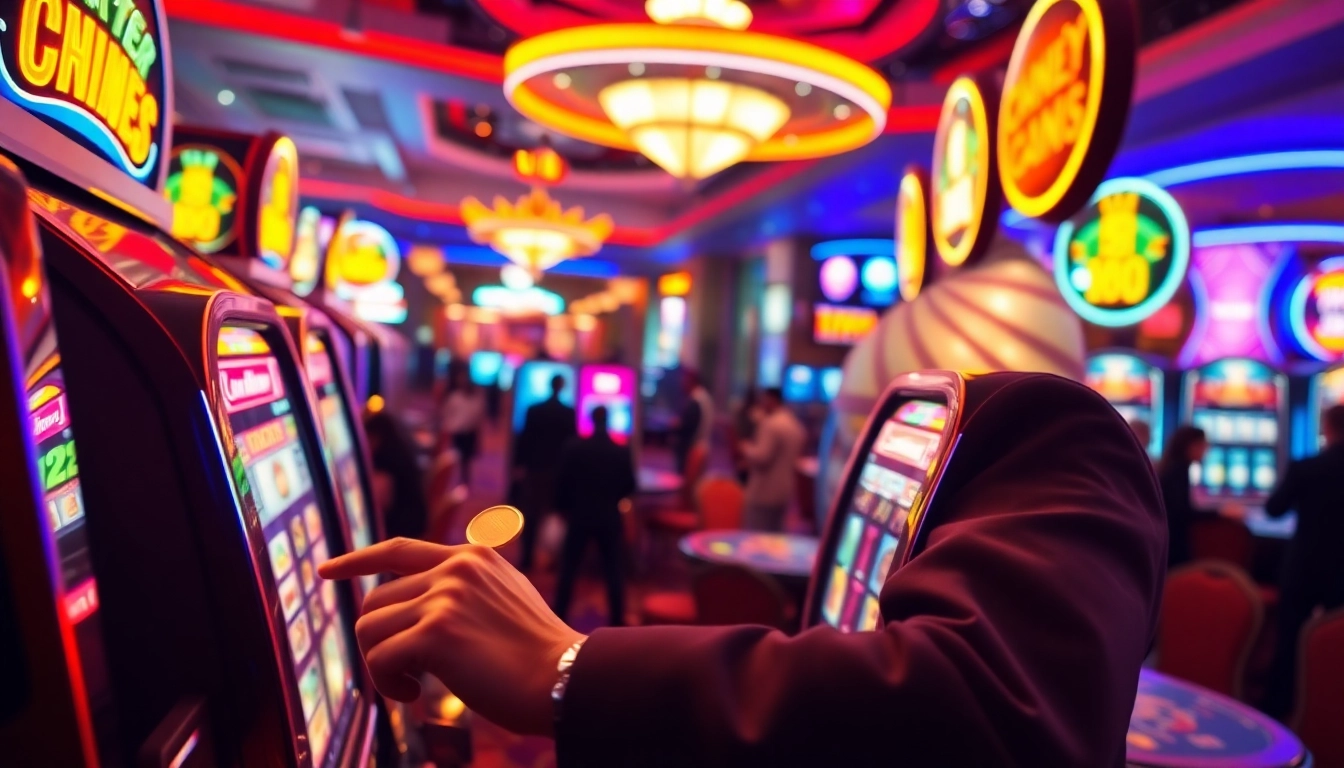 Vegas hero winning at a slot machine in a vibrant casino environment.