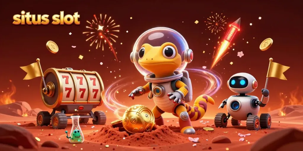 Gecko Martian menjelajahi kasino emas dalam gambar 3D, situs slot penuh keberuntungan.