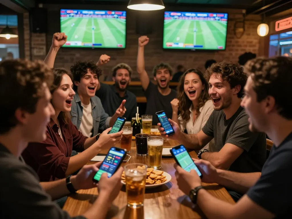 Fans placing bets using betting apps while watching live football predictions in a sports bar.
