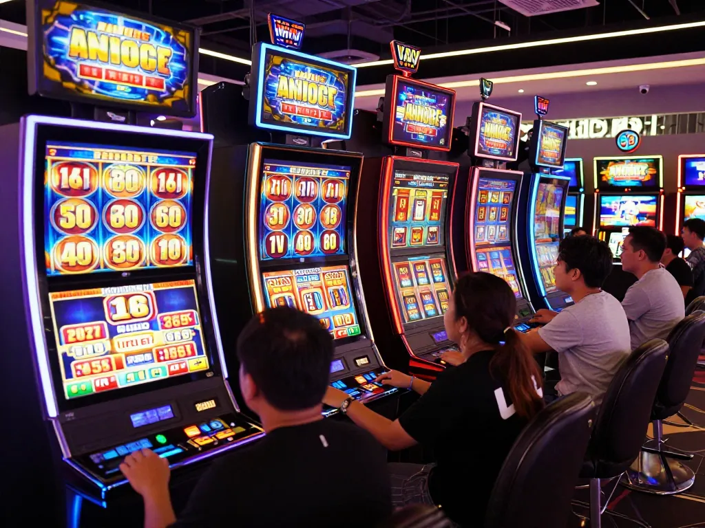 Players celebrating wins at dagelan4d alternatif slot machines surrounded by vibrant neon lights.