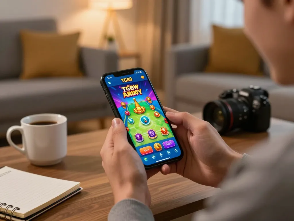 Player engaging with the TG88 casino app on smartphone in a cozy setting, showcasing online gaming.