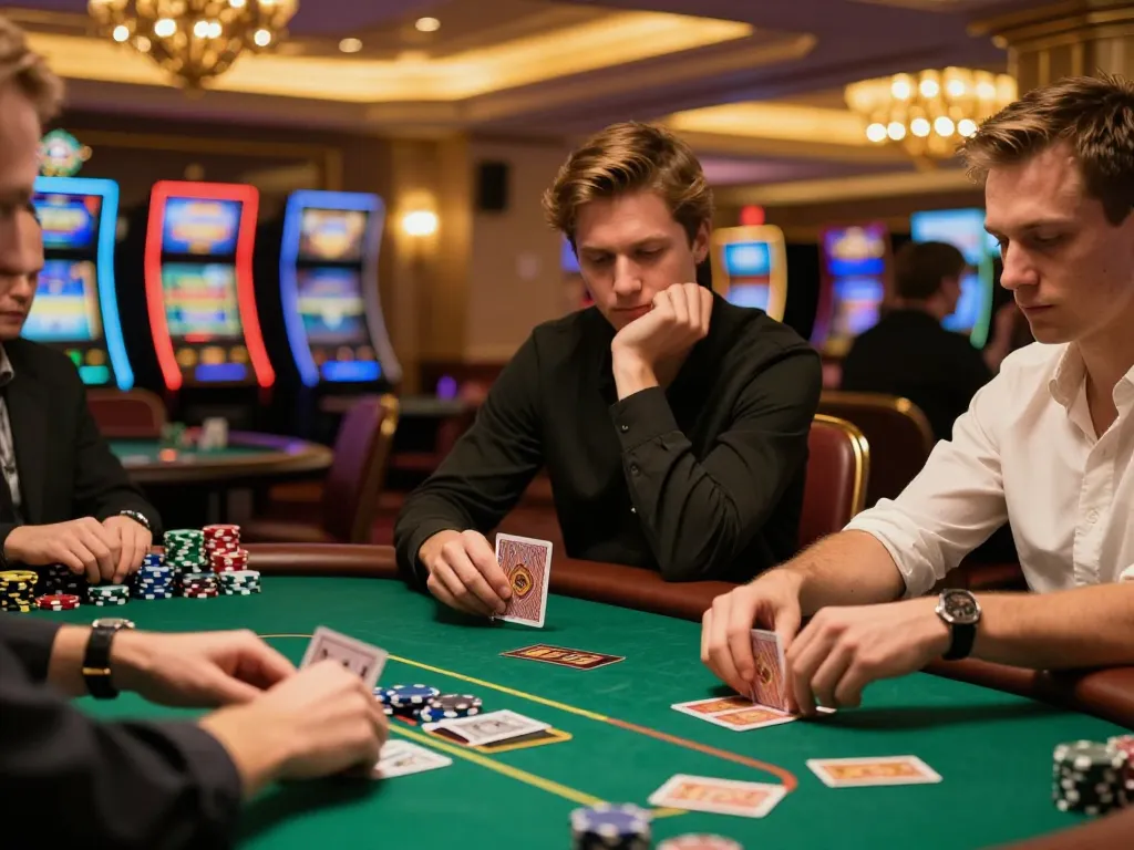Intense poker gameplay at ledak338 casino table, players strategizing over cards and chips.