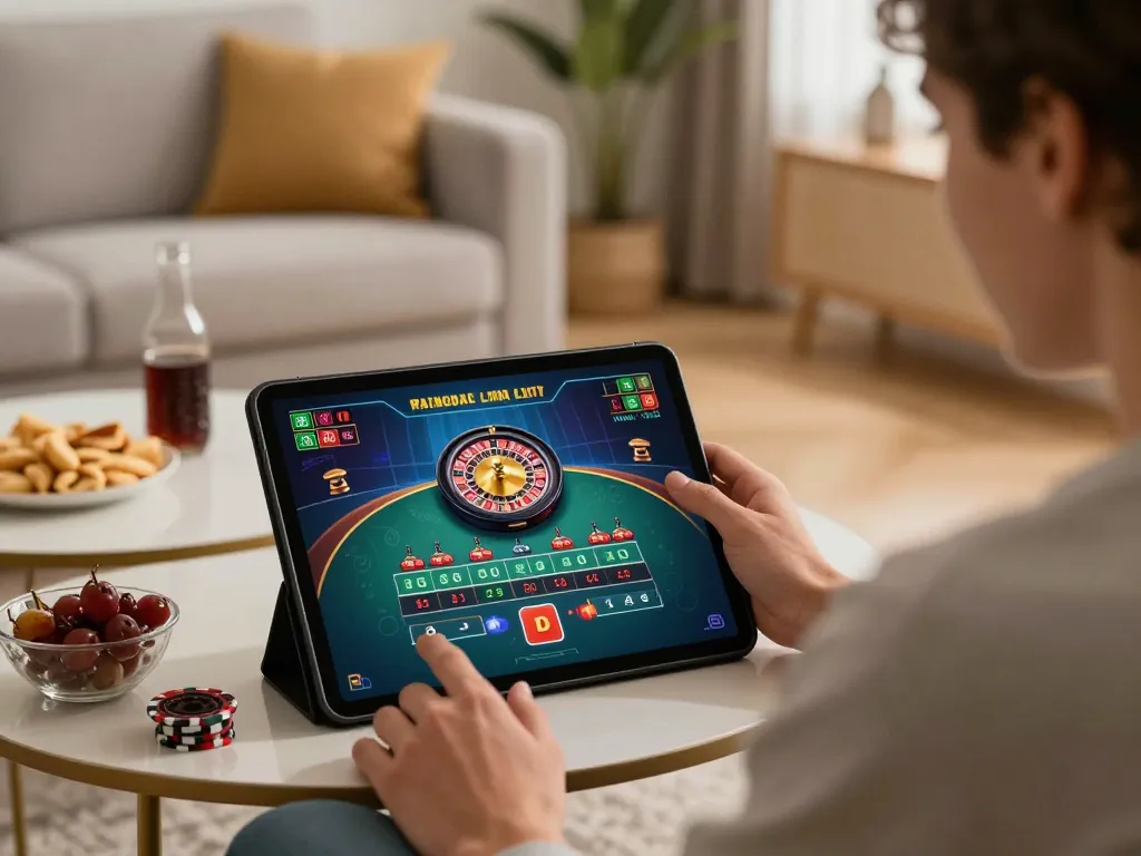 Engaging moment of player on tablet experiencing live dealer game at home with 566 betting.