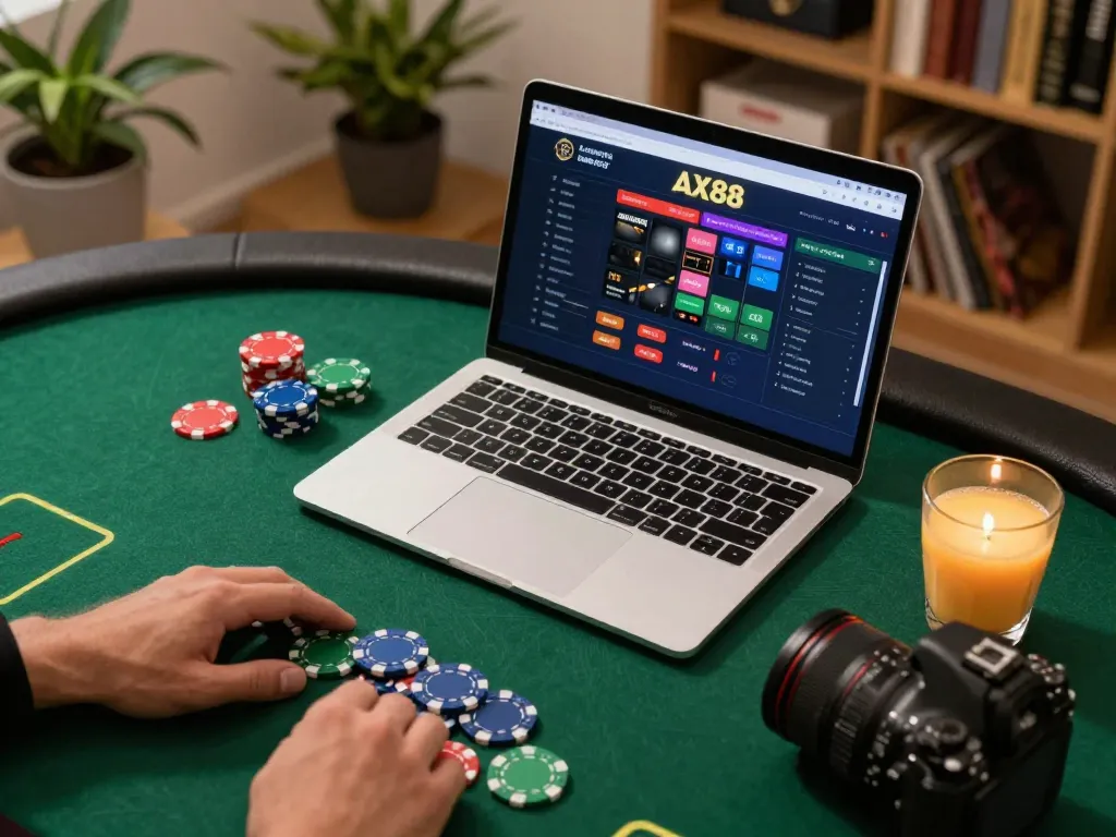 Engaging with AX88 online betting platform on a laptop in a cozy home environment, showcasing vibrant poker chips.