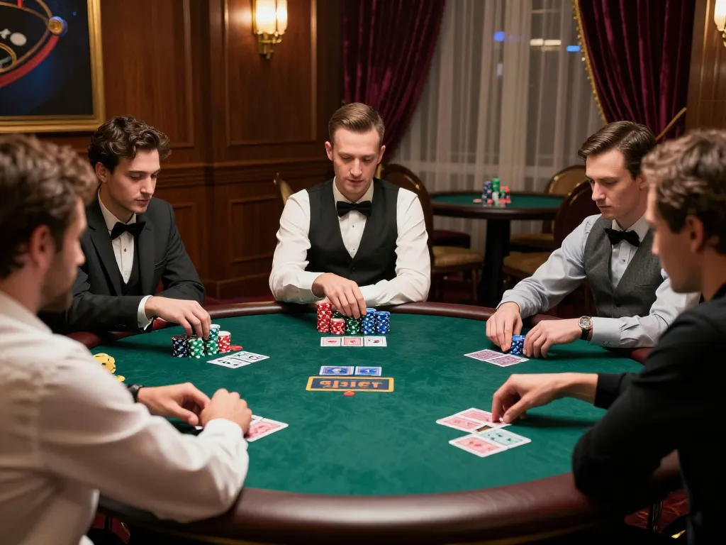 Players strategizing during an intense v9bet poker game, showcasing high stakes and dynamic interactions