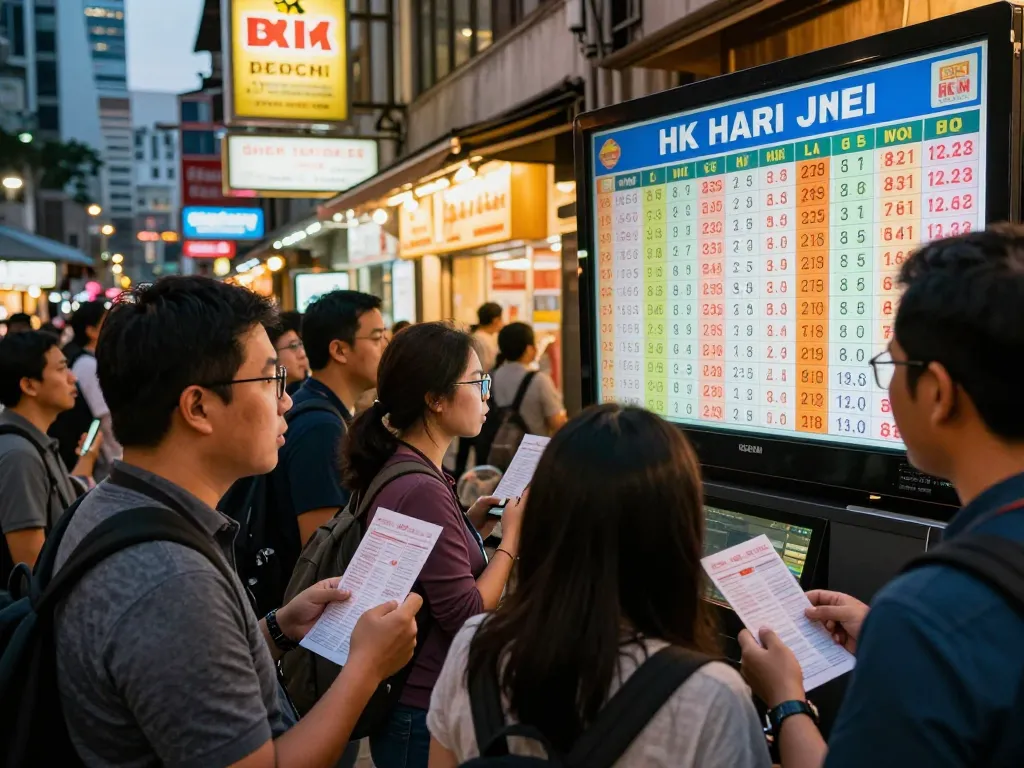 Excited players watch the HK Hari Ini results in a lively urban setting.
