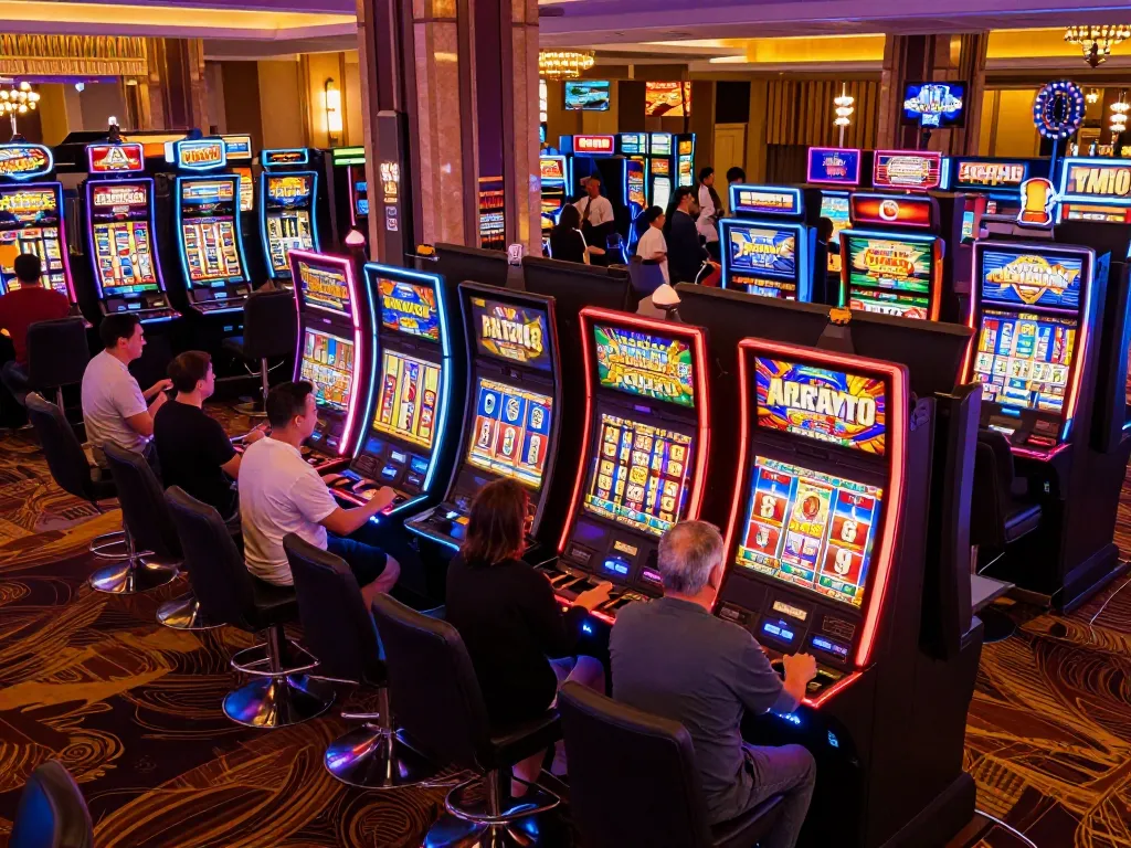 Players celebrating wins at the slot depo 2k amidst vibrant casino lights and exciting machines.