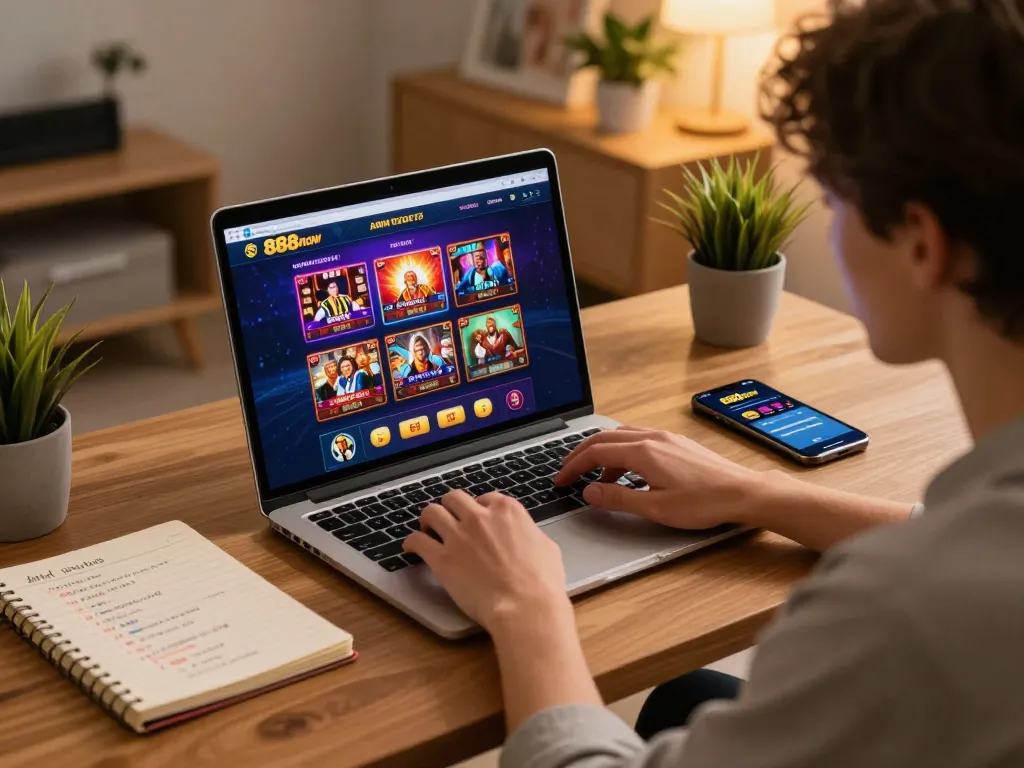 Engaging with 888now online gaming platform, enjoying diverse casino games from home.