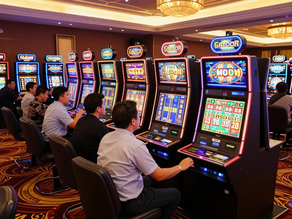 Players enjoying the thrill of slot gacor gameplay amid colorful casino lights, showcasing excitement and wins.