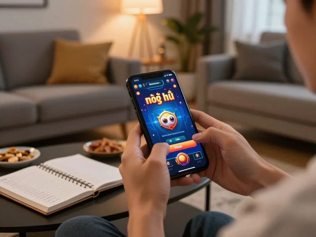 Engaging in nổ hũ đổi thưởng gameplay on smartphone in a cozy home setting.