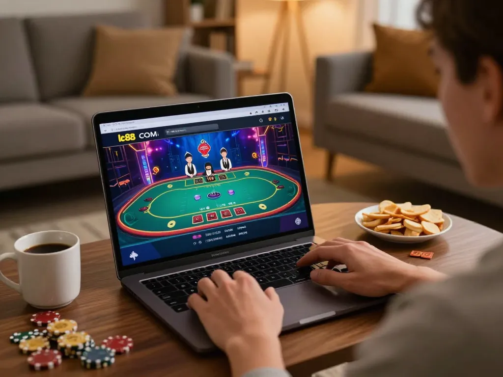 Engaging with lc88 com online casino platform, showcasing a live dealer game on laptop in cozy home setting.