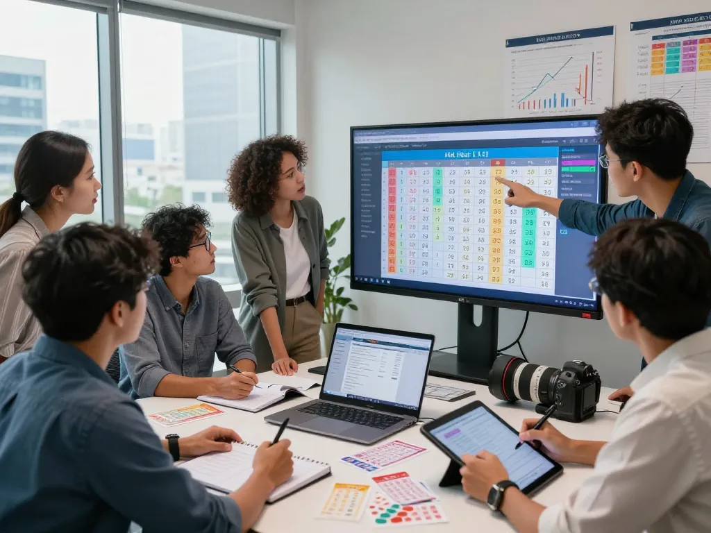 Analyzing HK Hari Ini lottery results in a collaborative office environment with technology and excitement.