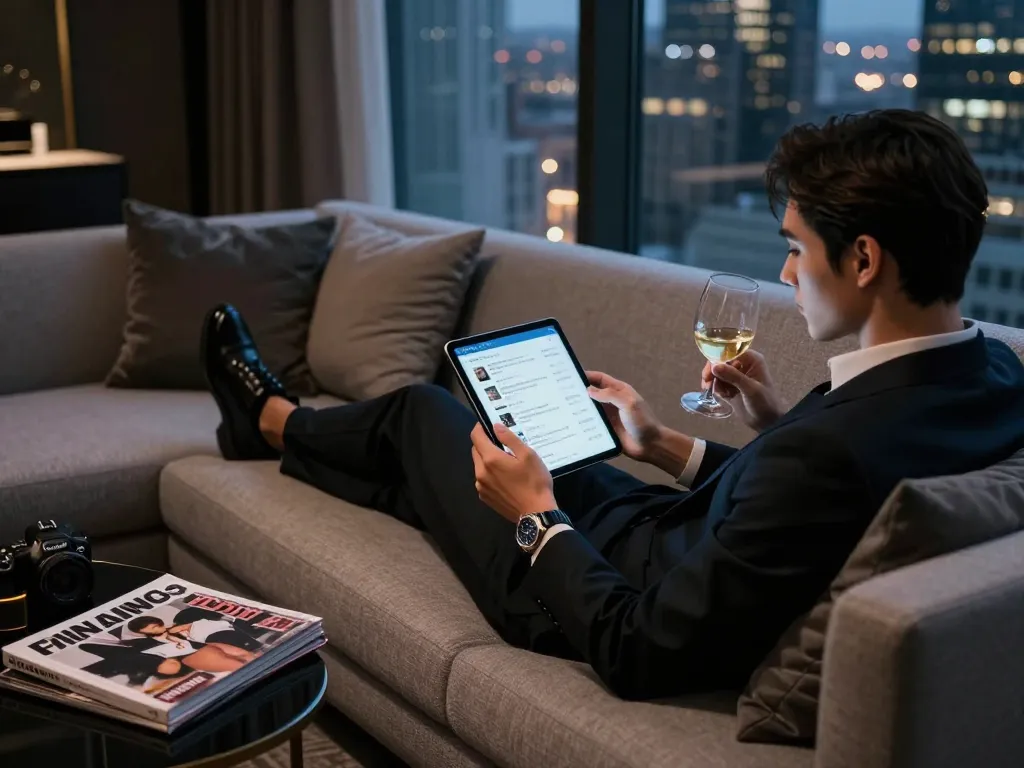 高級ホテルの部屋で芸能人風俗オプションを探求するスタイリッシュな個人の魅力的なシーン。