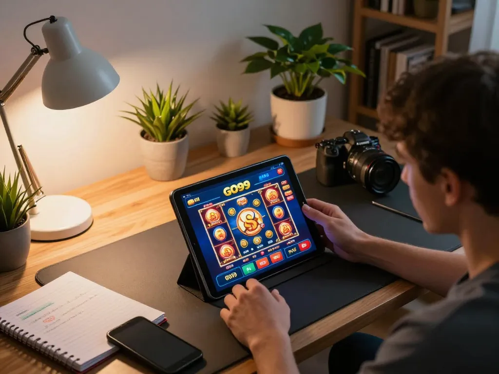 Experience GO99's dynamic gaming sessions with a user engaged in online slots at home.