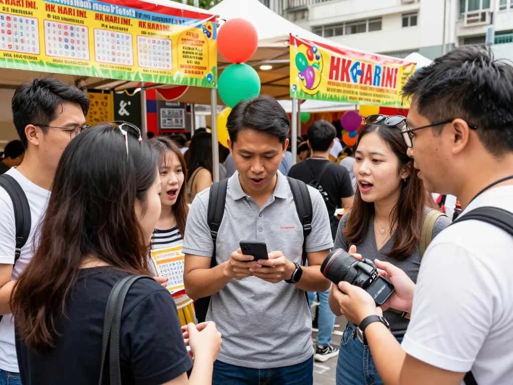 Crowd celebrating HK Hari Ini lottery results at a vibrant outdoor event with smartphones and festive decorations.