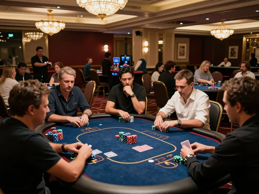 Engaged players at a Texas Hold'em table in a luxury casino, strategizing their next bet in 33win.