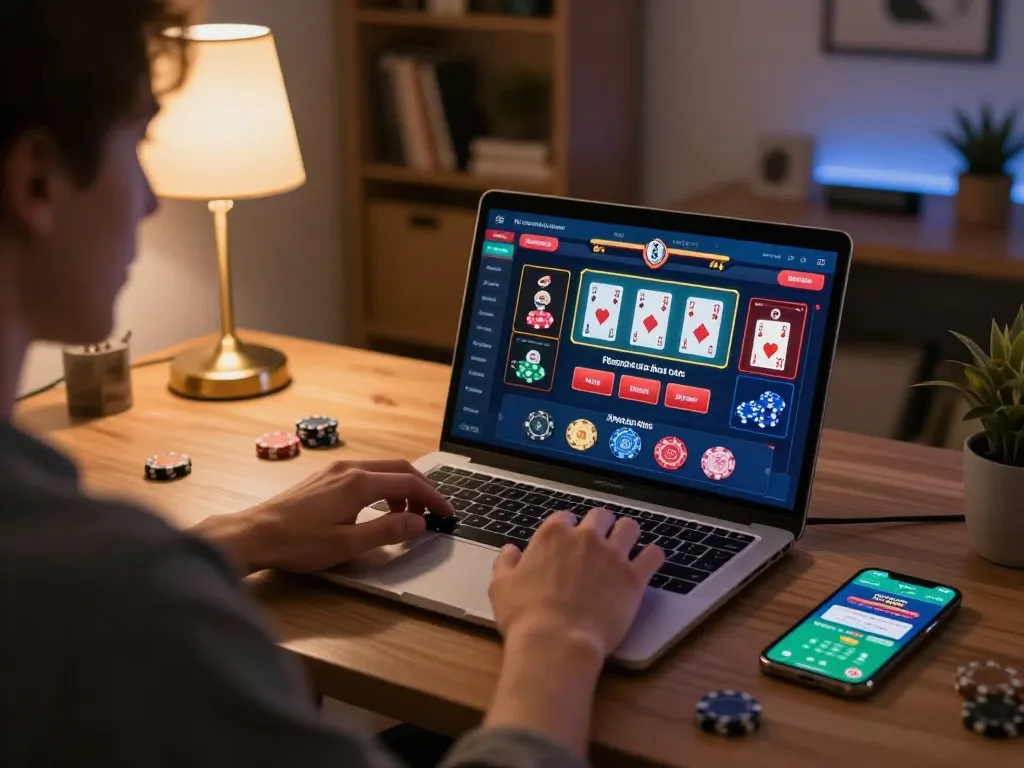 Engaging with Onbet online casino, a player strategizes at their desk surrounded by gaming tools and comfort.