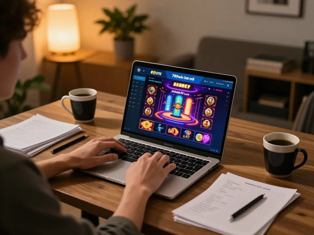 Engaging online gaming scene with 789win link mới interface and cozy home atmosphere
