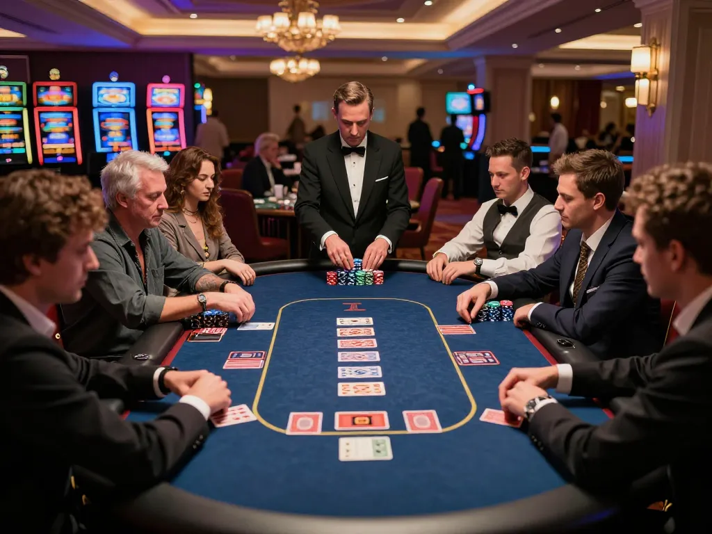 iWin players cheering after winning hands at an upscale casino poker table
