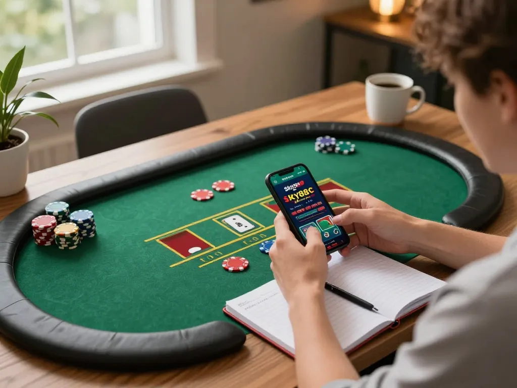 Engaging gameplay action on the sky88c casino app on a smartphone with focused user interacting in a cozy home office.