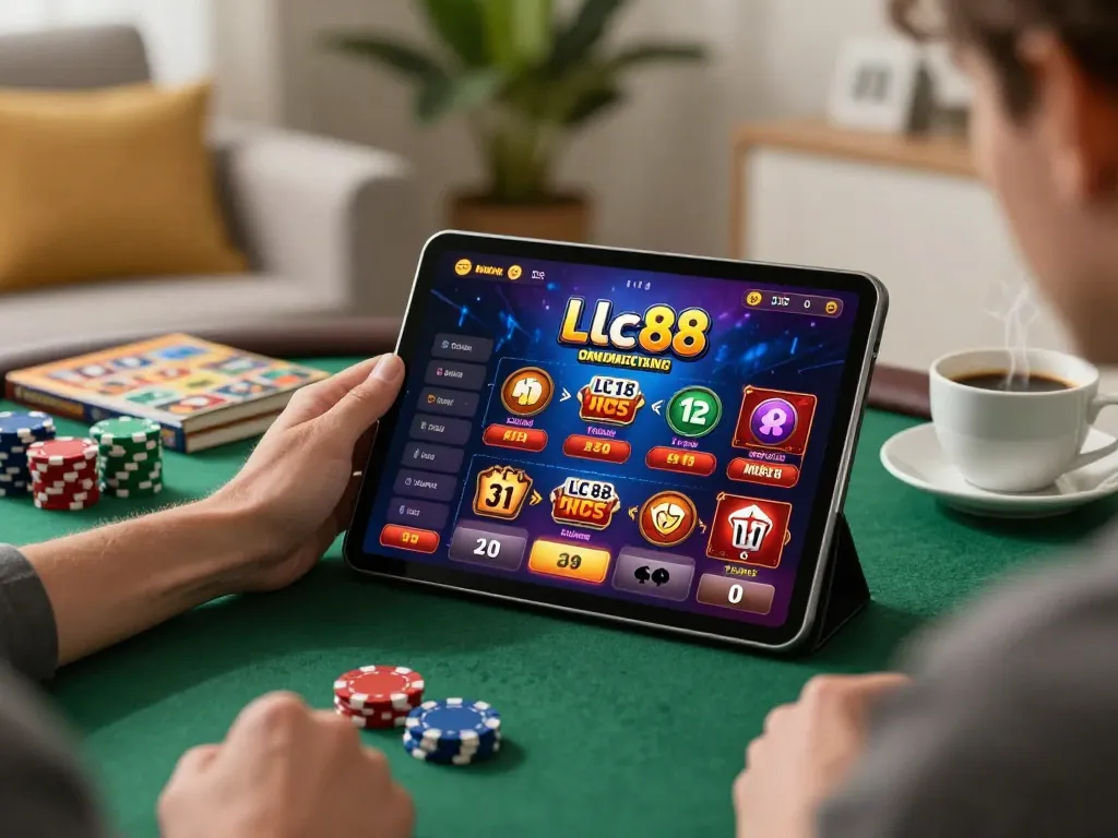 Engaging scene of lclc88 online gaming on a tablet in a cozy home setting.
