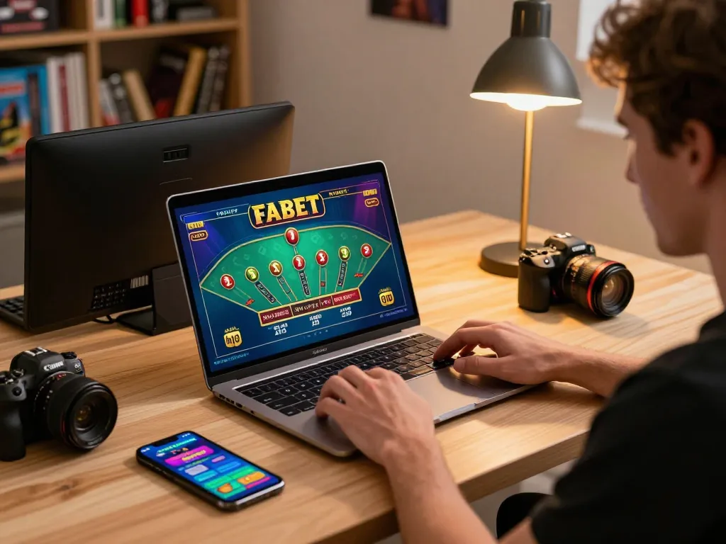 Engaging in fabet blackjack at a modern online gaming setup with laptop and smartphone displays.