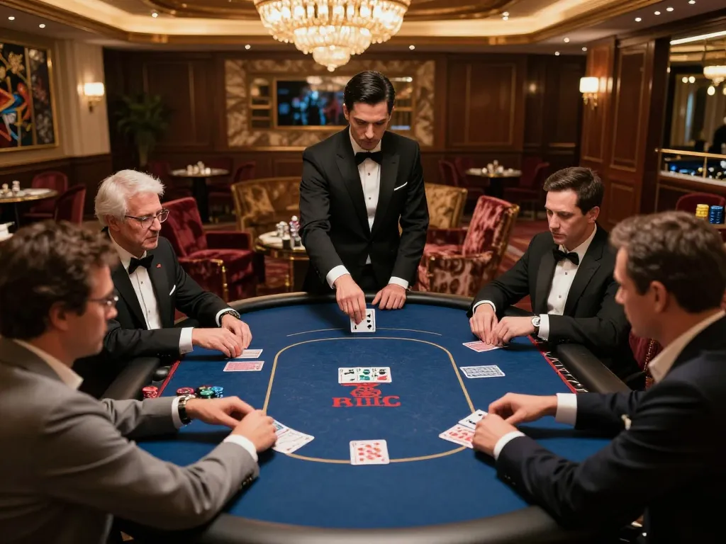 Engaging poker players at BK88's exclusive high-roller table under luxurious lighting.