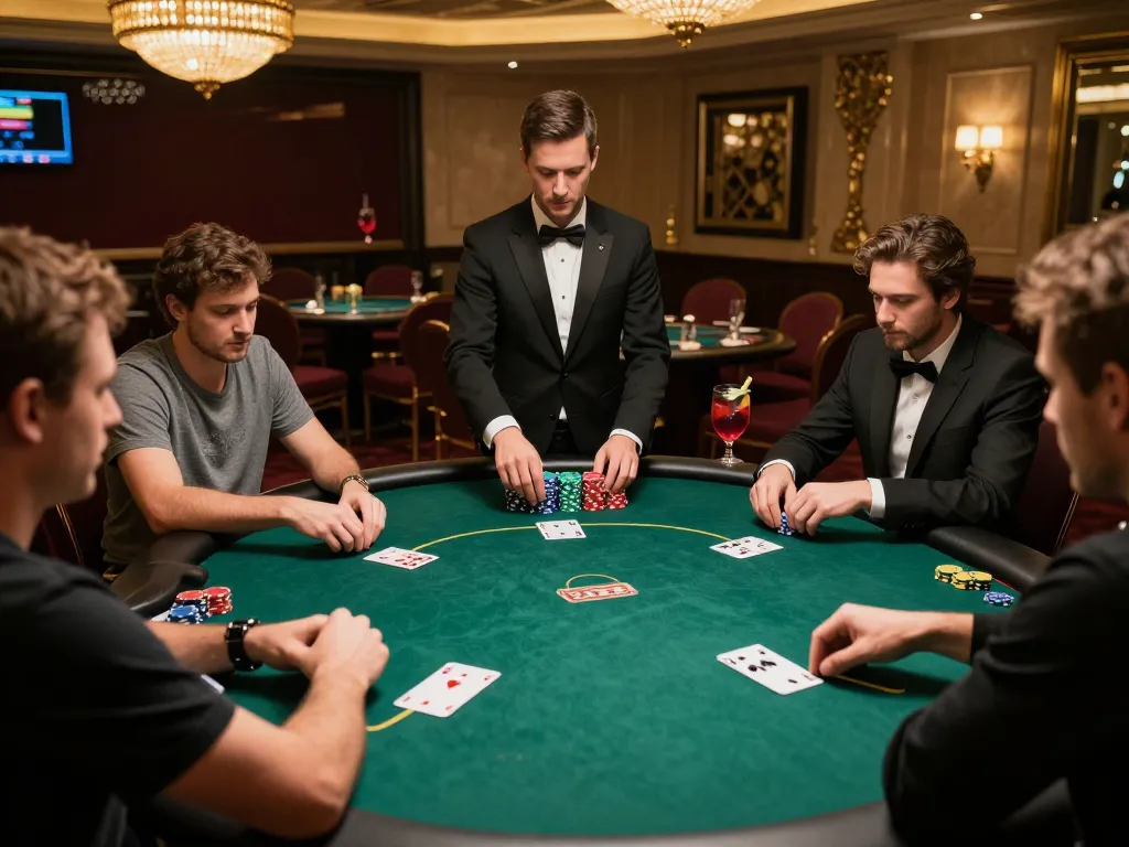 Thabet players strategizing during an intense poker game in a luxurious casino environment.