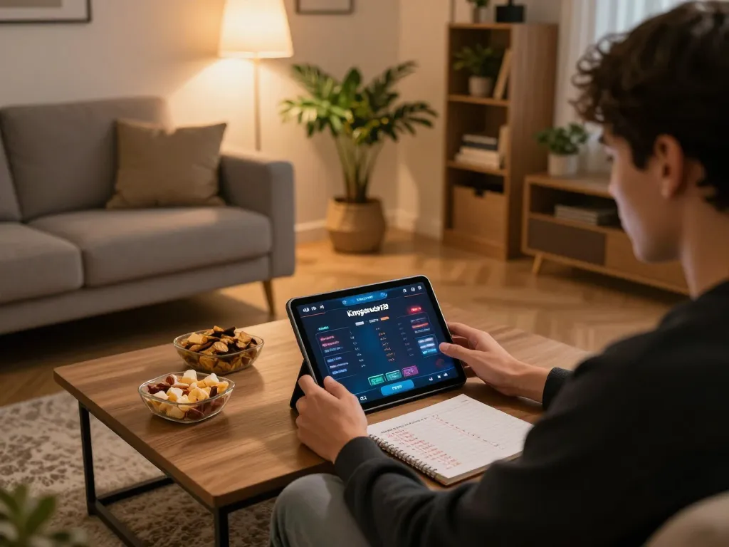 Engaging in online gaming at kinggaruda138 on a tablet in a cozy living room setting.