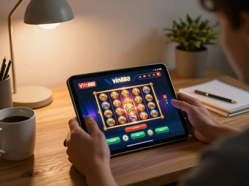 Engaging user playing slots on the vin88a casino app in a cozy home environment.