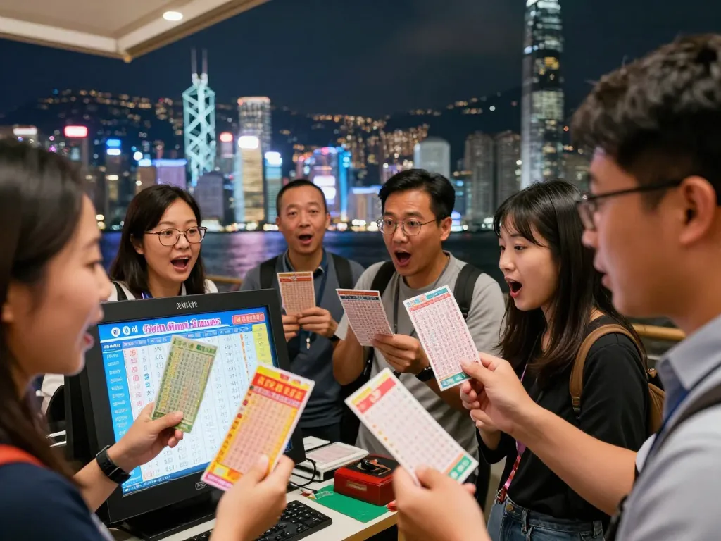 Excited players checking HK Hari Ini lottery results in dynamic Hong Kong backdrop.