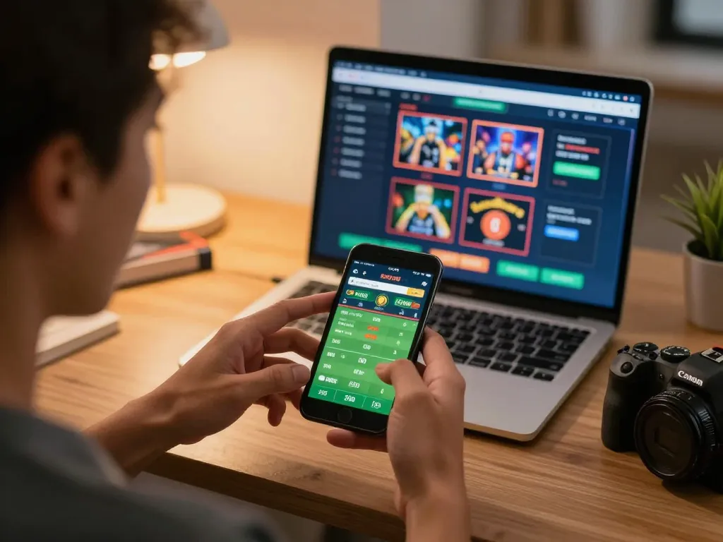 Engaging in live sports betting on sportsbook app in cozy home office with vin88tp interface visible