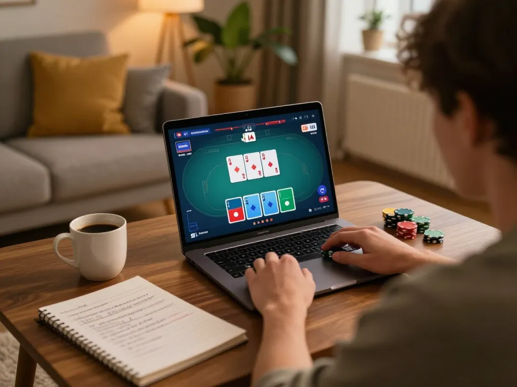 Player enjoying online poker with 888new on a laptop, showcasing vibrant gaming interface and cozy home atmosphere.