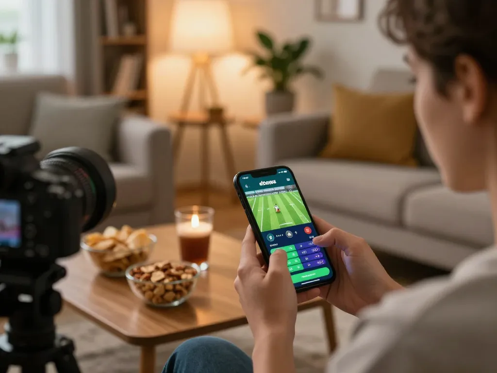 Engaging in live betting on vaobet while relaxing at home, showcasing sports apps.