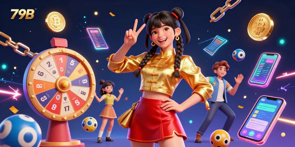 Engage in thrilling gameplay at 79B, featuring 3D lottery balls and vibrant casino elements that symbolize excitement.