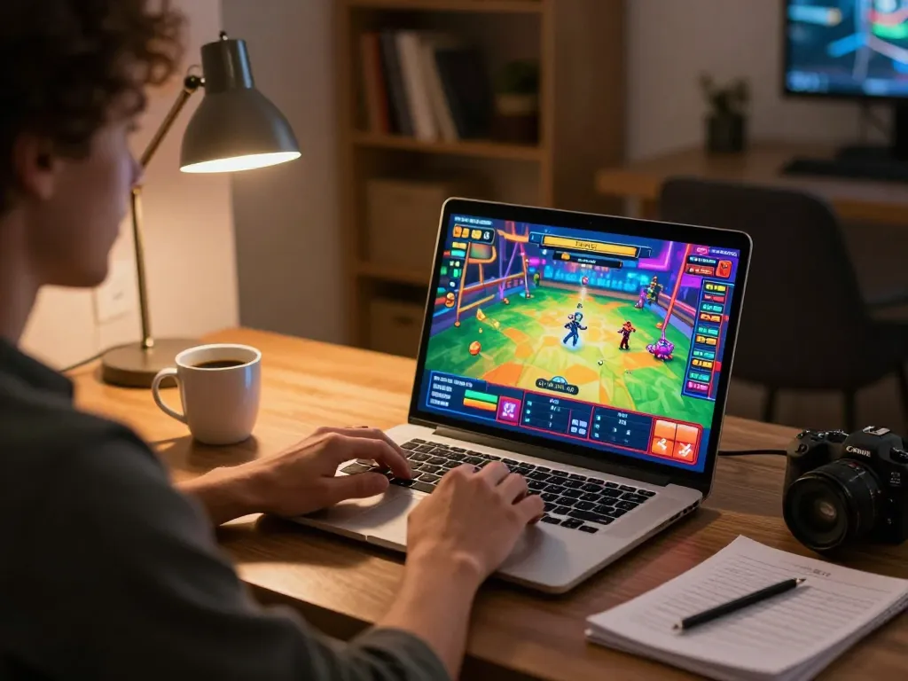 Playing a captivating mini-game on a laptop at home, showcasing a lively online casino setup.