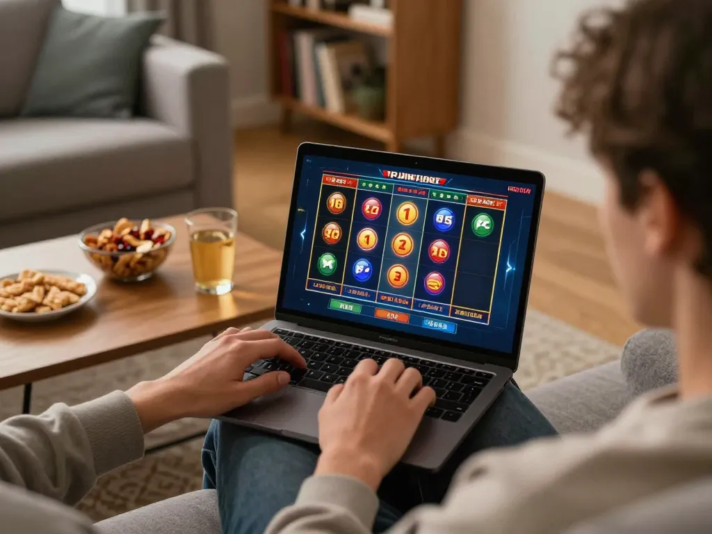 O8 gaming experience with a player engaging in online slot games from the comfort of home.