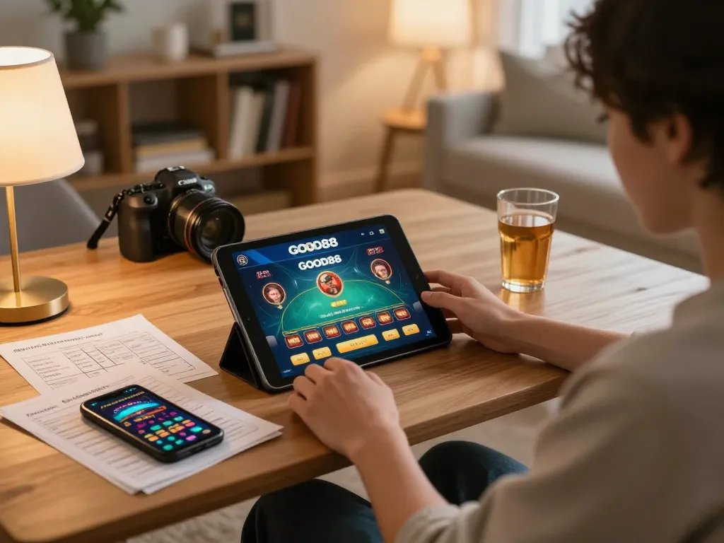 Engaged player using GOOD88 on tablet in cozy home setting to enjoy responsible online gaming.