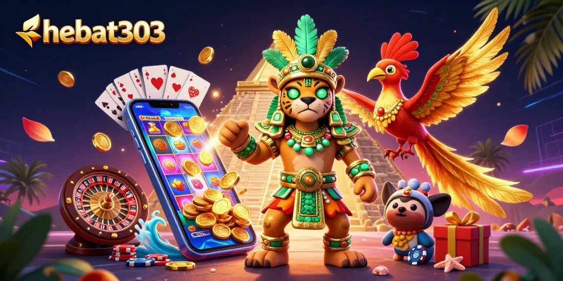 Play colorful slot games and earn big wins at hebat303 in this vibrant digital illustration.